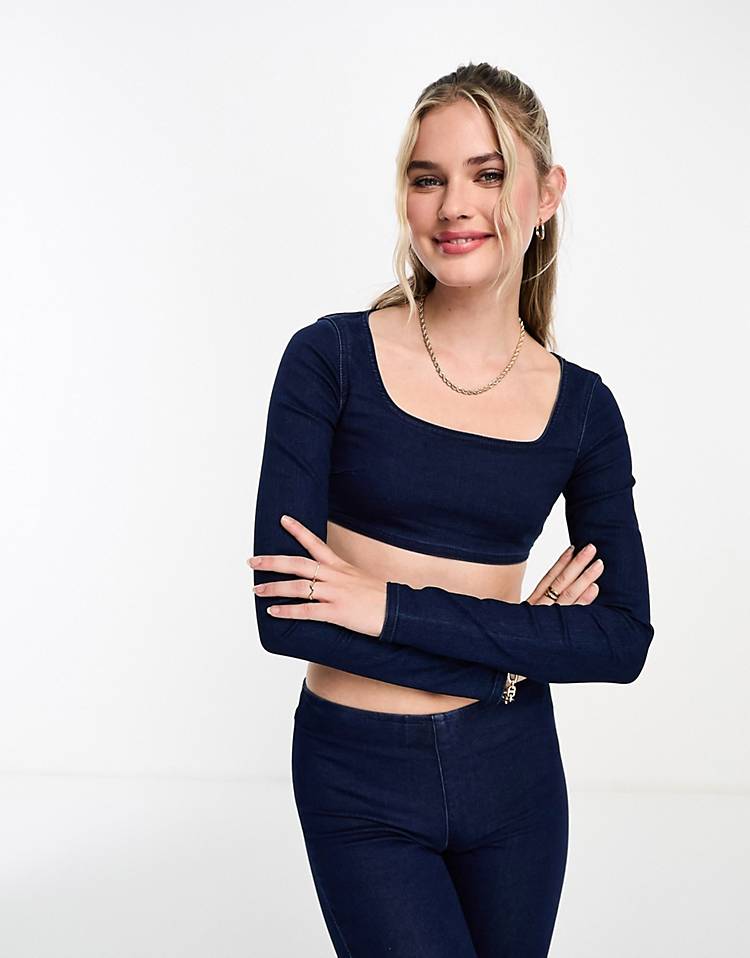 Pull&Bear seamless stretch denim crop top in indigo blue - part of a set